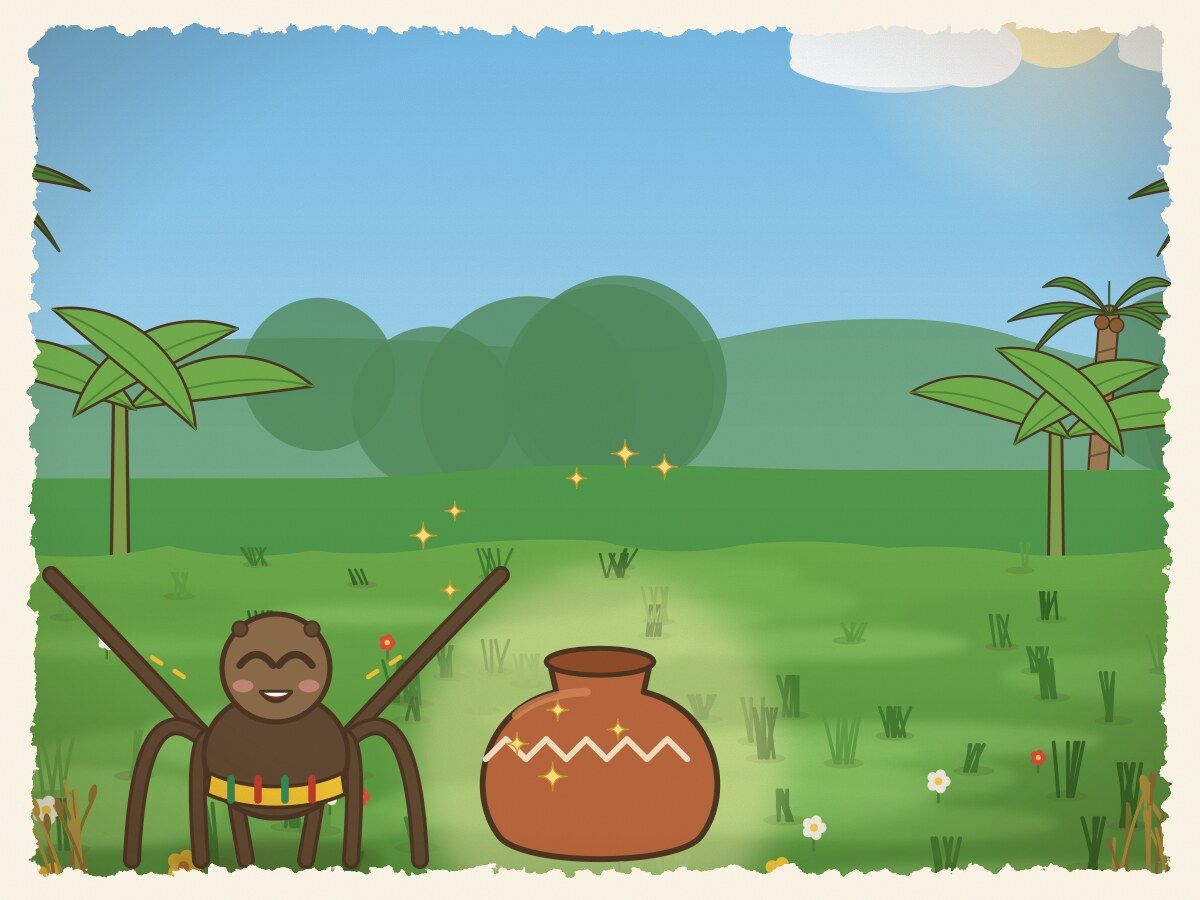 Scene 1: A long, long time ago in Ghana, Kwaku Anansi the spider was given a clay pot holding all the wisdom in the world.
