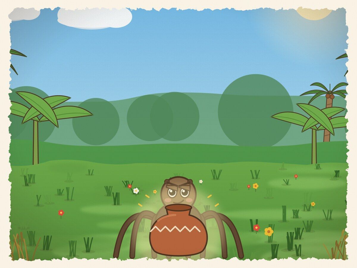 Scene 2: Anansi was greedy. "I will keep all this wisdom for myself," he said. "Then everyone will have to come to me."