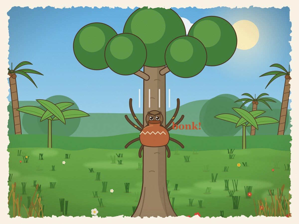 Scene 4: Anansi tied the heavy pot to his front and began to climb, but the pot kept bumping against the tree. He slid back down again and again!