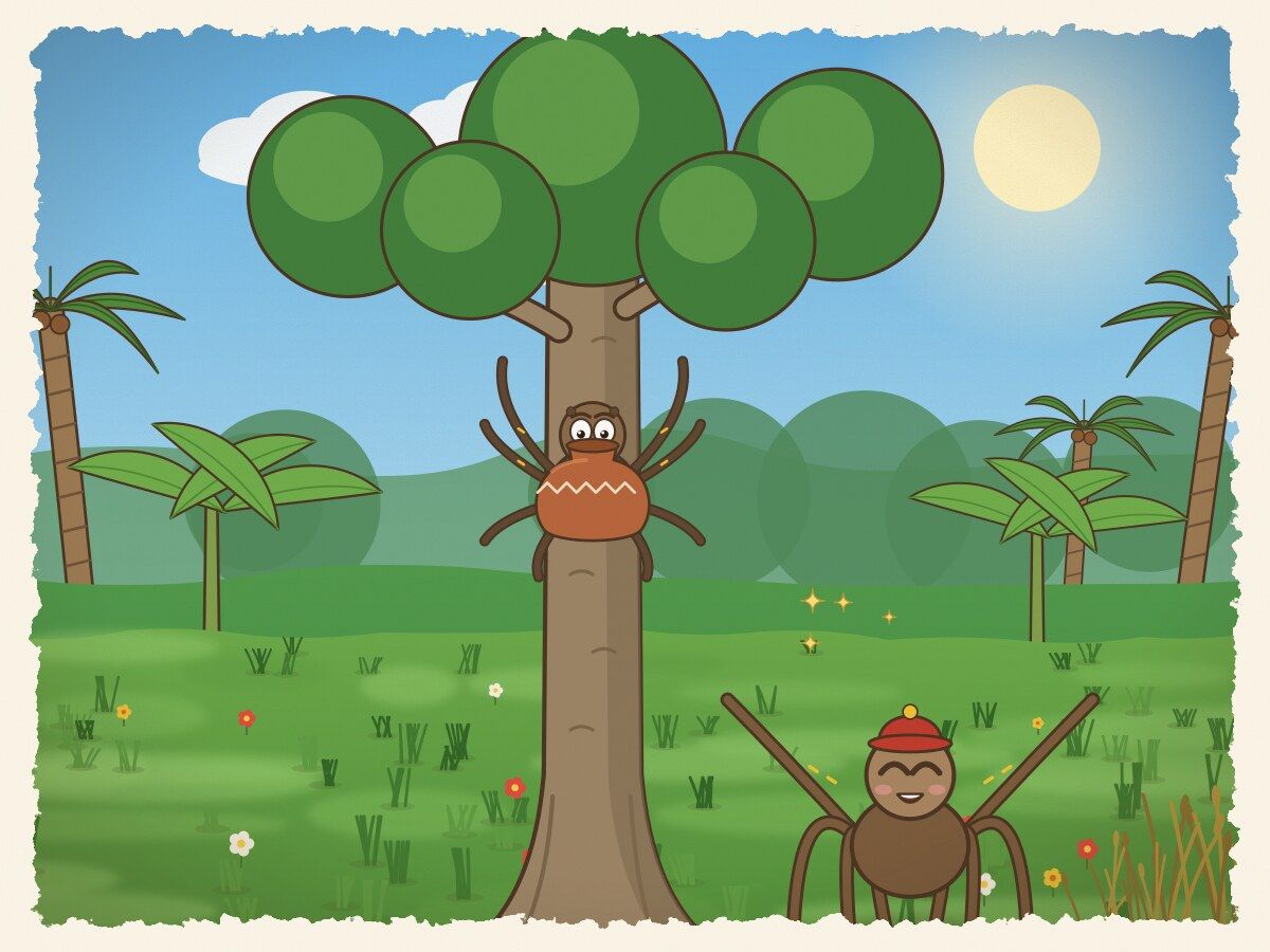 Scene 5: His little son Ntikuma called up, "Father, why not tie the pot on your back? Then you could climb easily."