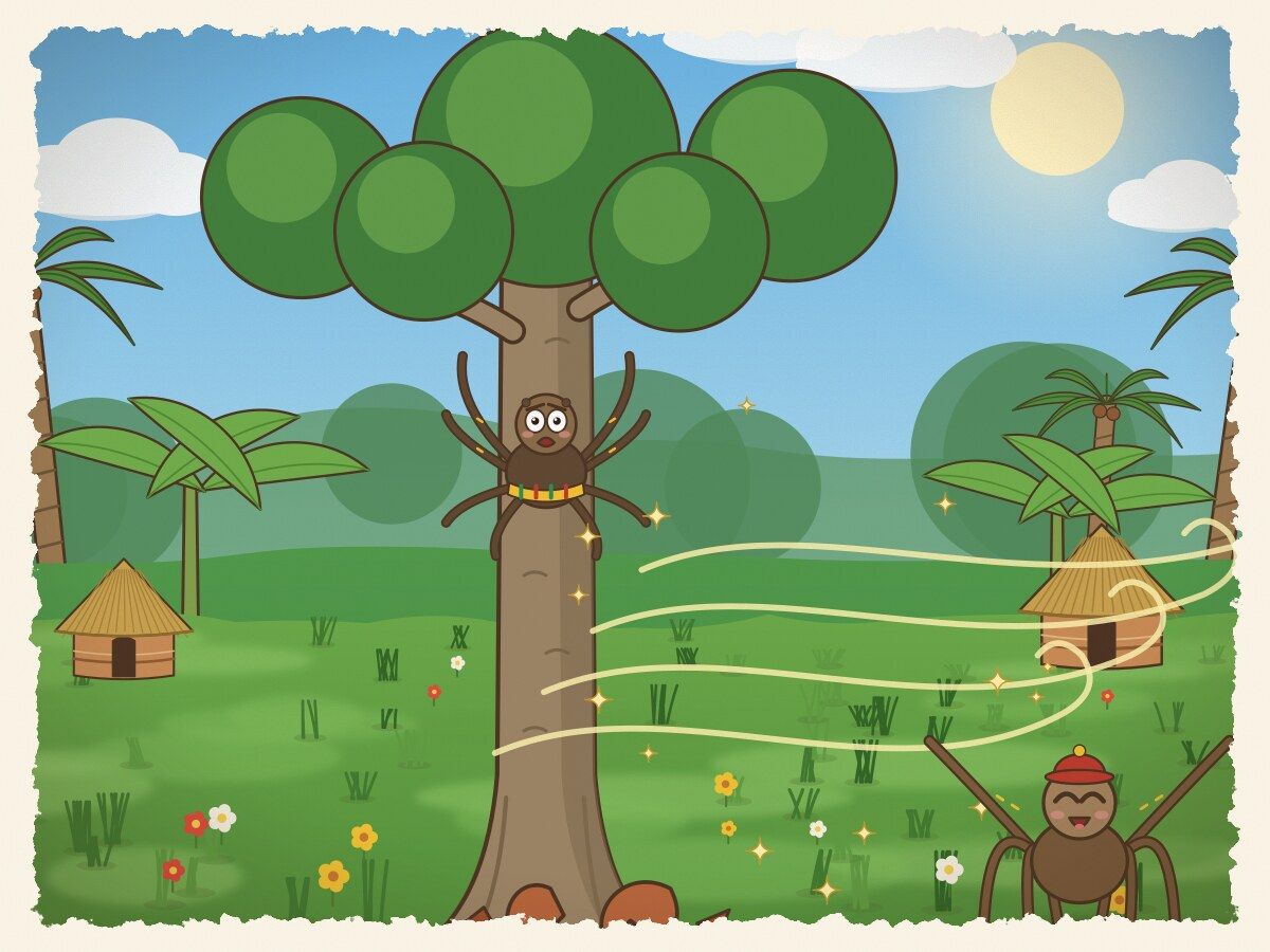 Scene 6: Anansi was so cross that a child was wiser than him that he dropped the pot! It smashed, and the wind carried wisdom to every person in the world.
