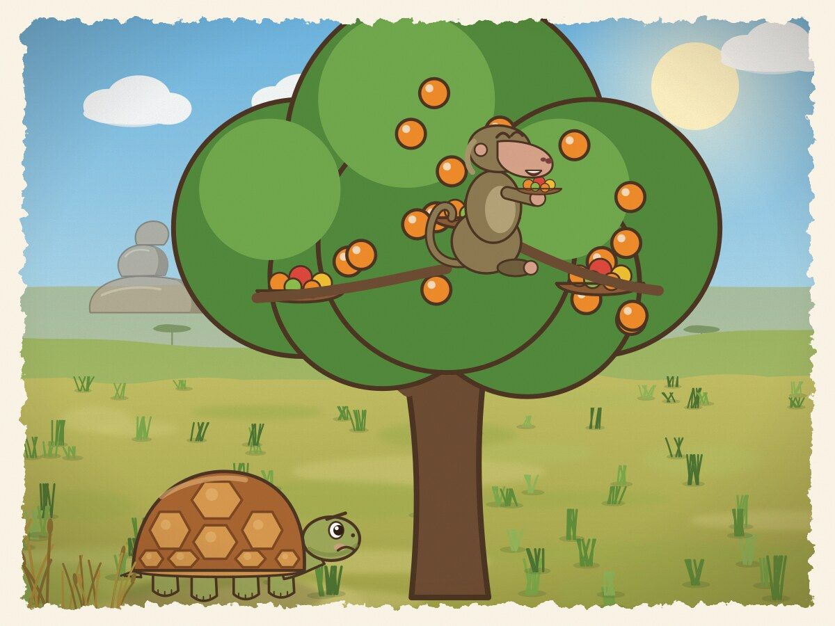 Scene 3: "Climb up and eat, my friend!" laughed Gudo. But Kamba could not climb, and Gudo gobbled everything by himself.
