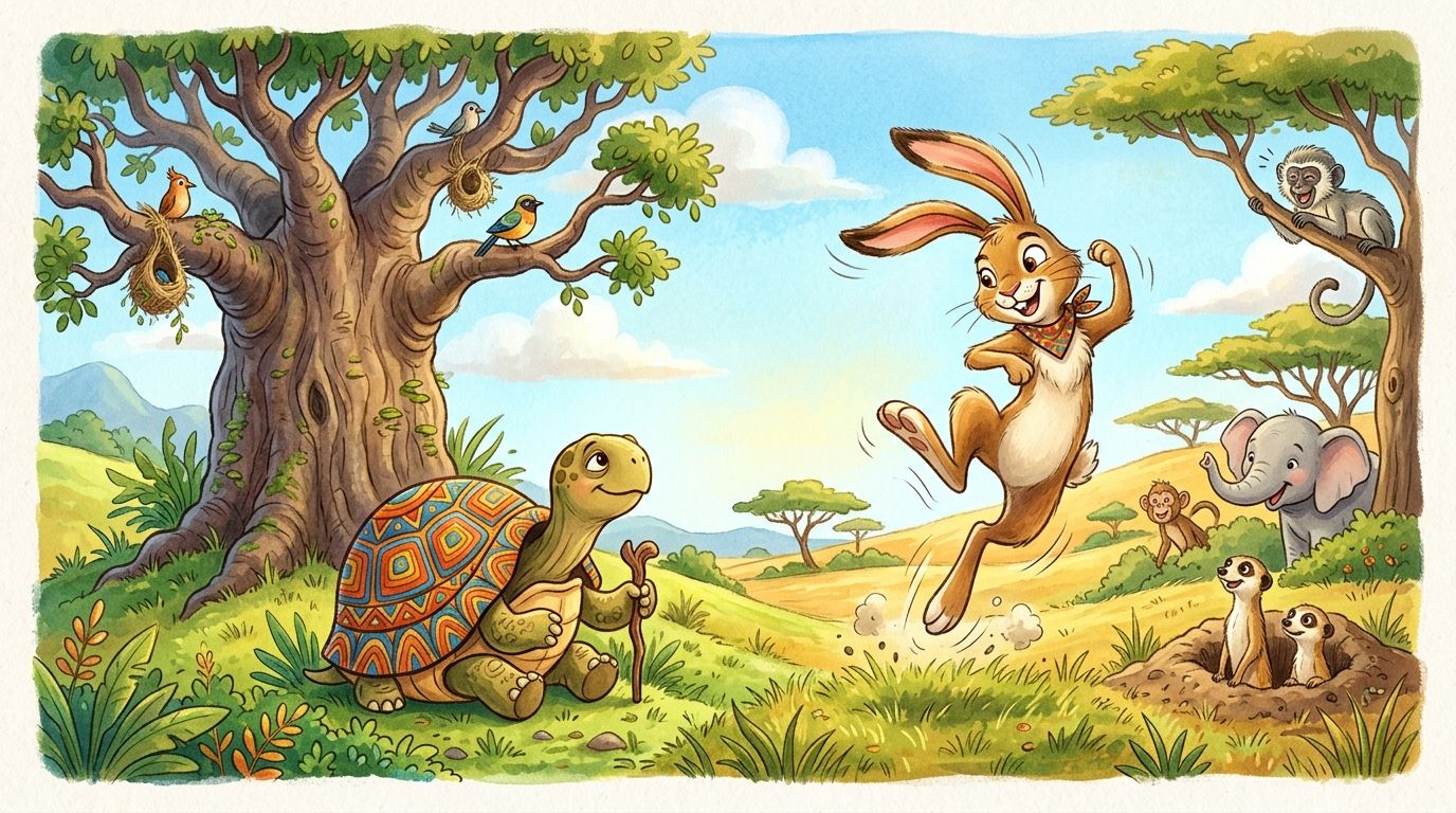 Scene 1: A long, long time ago, Tsuro loved to boast that he was the fastest creature in the entire savannah.