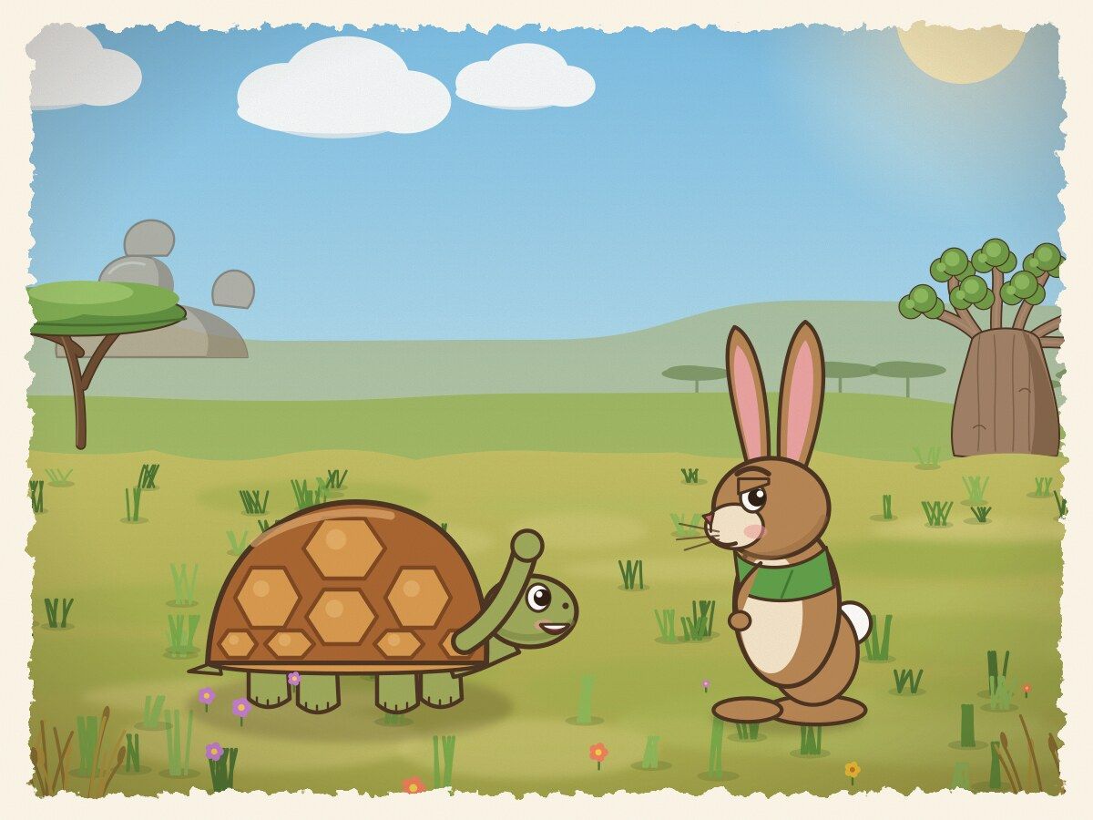 Scene 2: Kamba ambled along slowly and said, "Tsuro, stop bragging! Let us race together to the big baobab and see who truly wins."