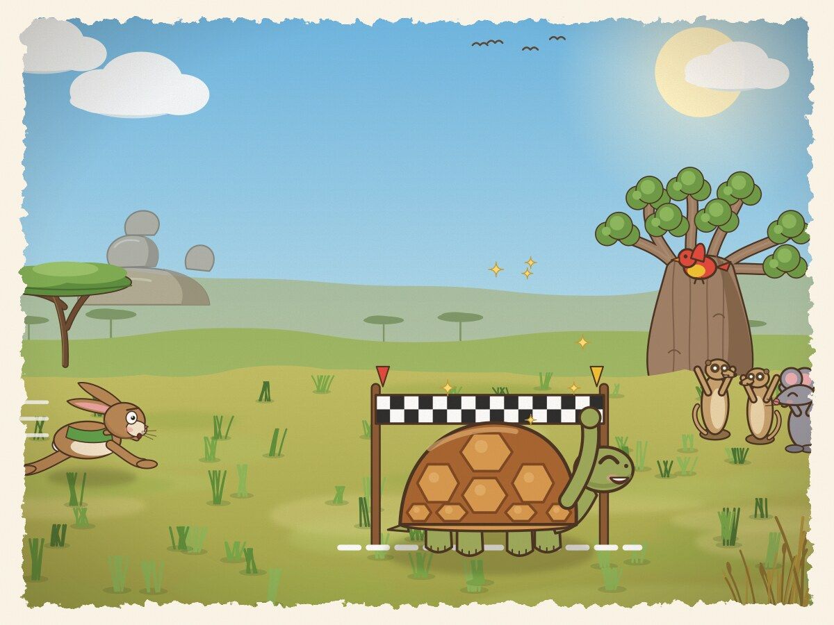 Scene 6: Step by steady step, Kamba never stopped. When Tsuro finally woke and dashed forward, Kamba was already crossing the finish line!