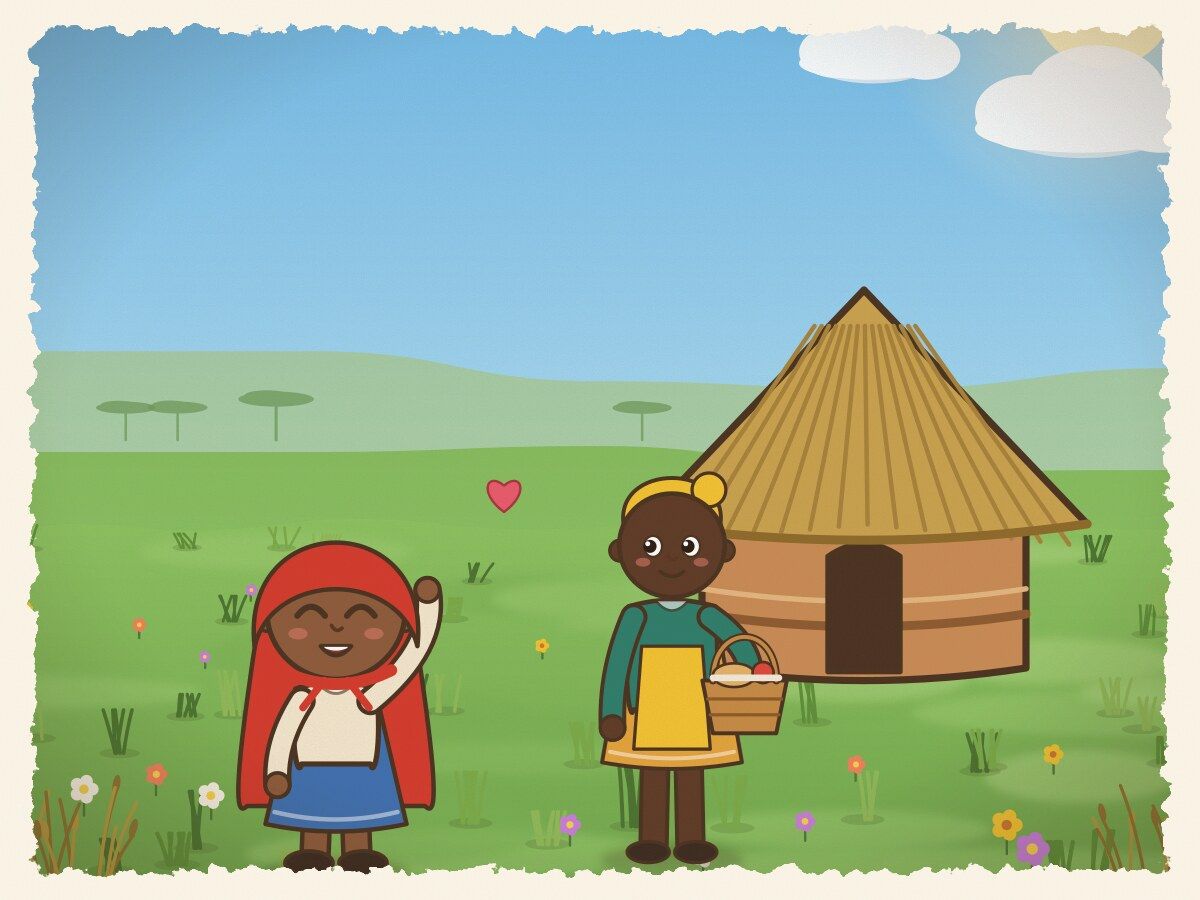 Scene 2: Her mother gave her a woven basket filled with fresh bread and fruit to carry to her ailing grandmother in the woods.