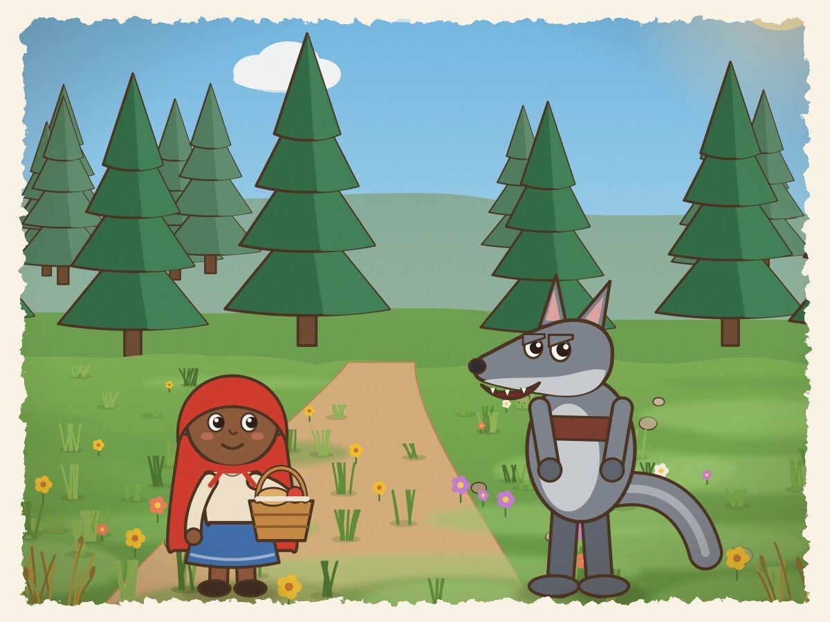 Scene 3: Along the trail she met a sly wolf who smiled sweetly and asked, "Where are you heading so brightly, little girl?"