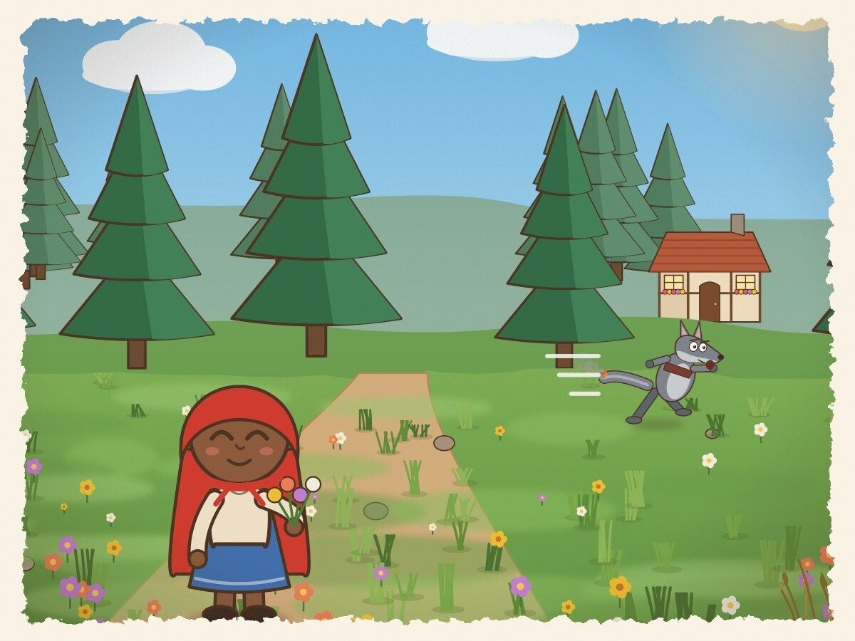 Scene 4: Little Red shared her destination. The wolf urged her to pick wildflowers, then sprinted ahead straight toward Granny's cottage!