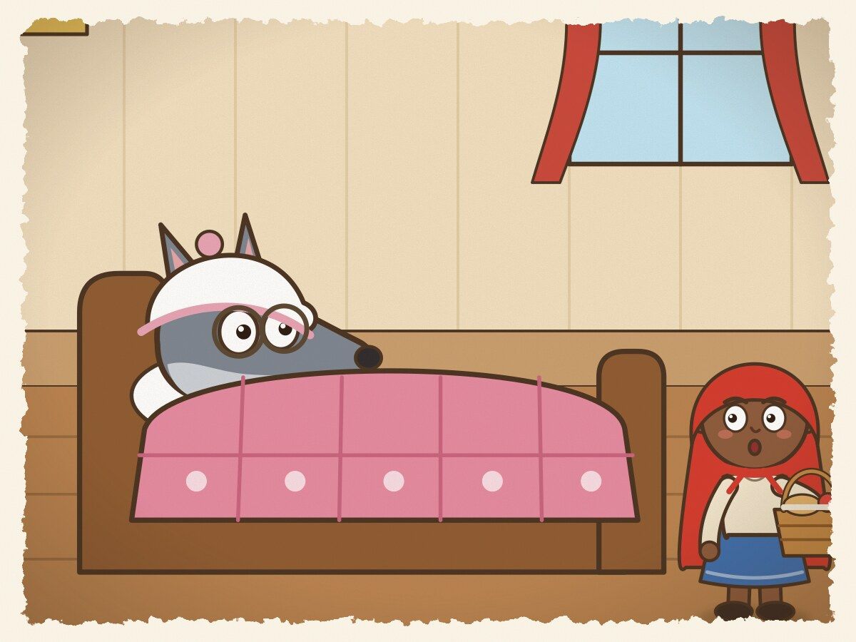 Scene 5: Little Red arrived to find the disguised wolf tucked in Granny's bed: "Grandmother, why do you have such very large eyes?"