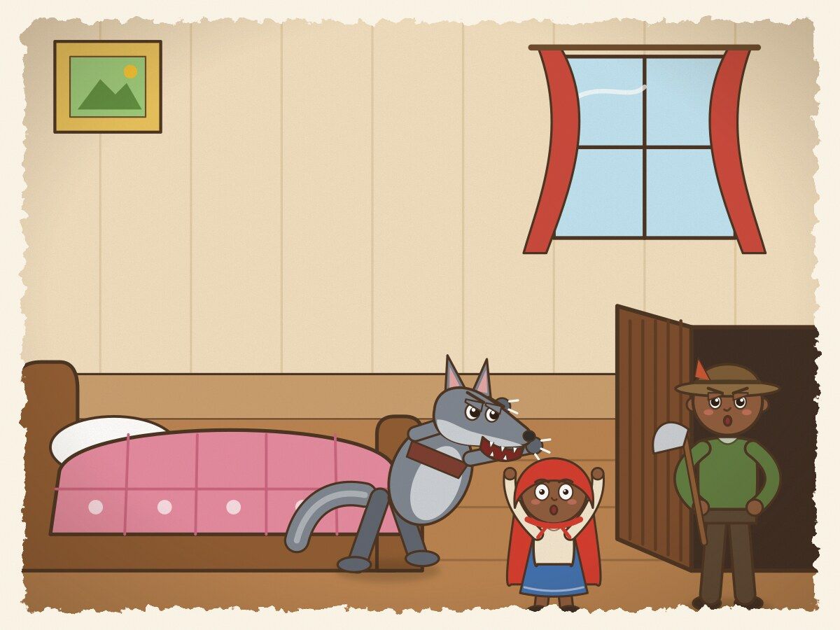 Scene 6: "All the better to eat you with!" snarled the wolf as he leapt, but a brave hunter burst through the door and saved them in time!