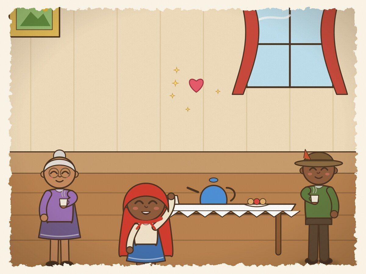 Scene 7: Grandmother, Little Red, and the brave hunter sat together enjoying sweet tea and treats in peace. That is where our story ends.