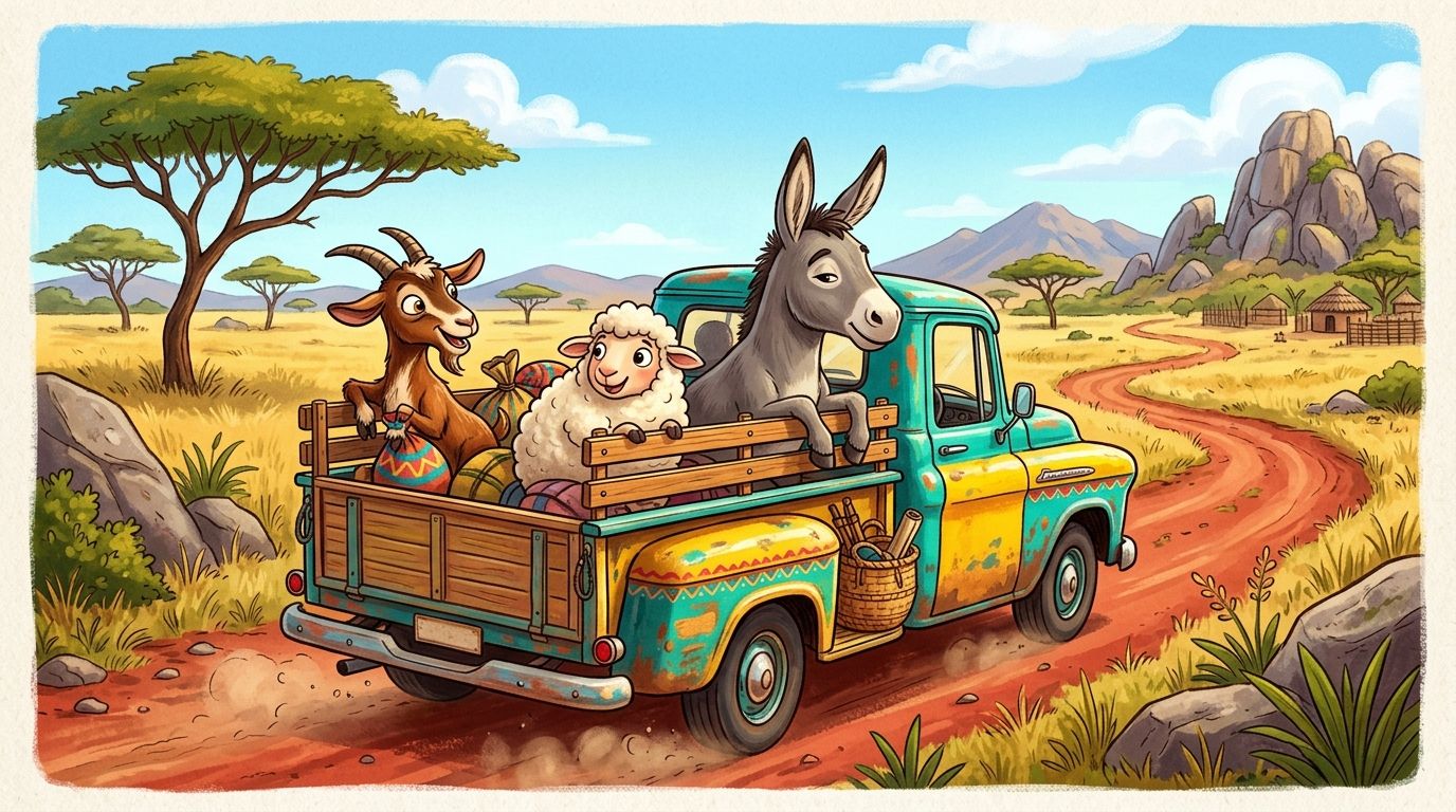 Scene 1: A long time ago, a Goat, a Sheep, and a Donkey caught a lift in an open truck to town.