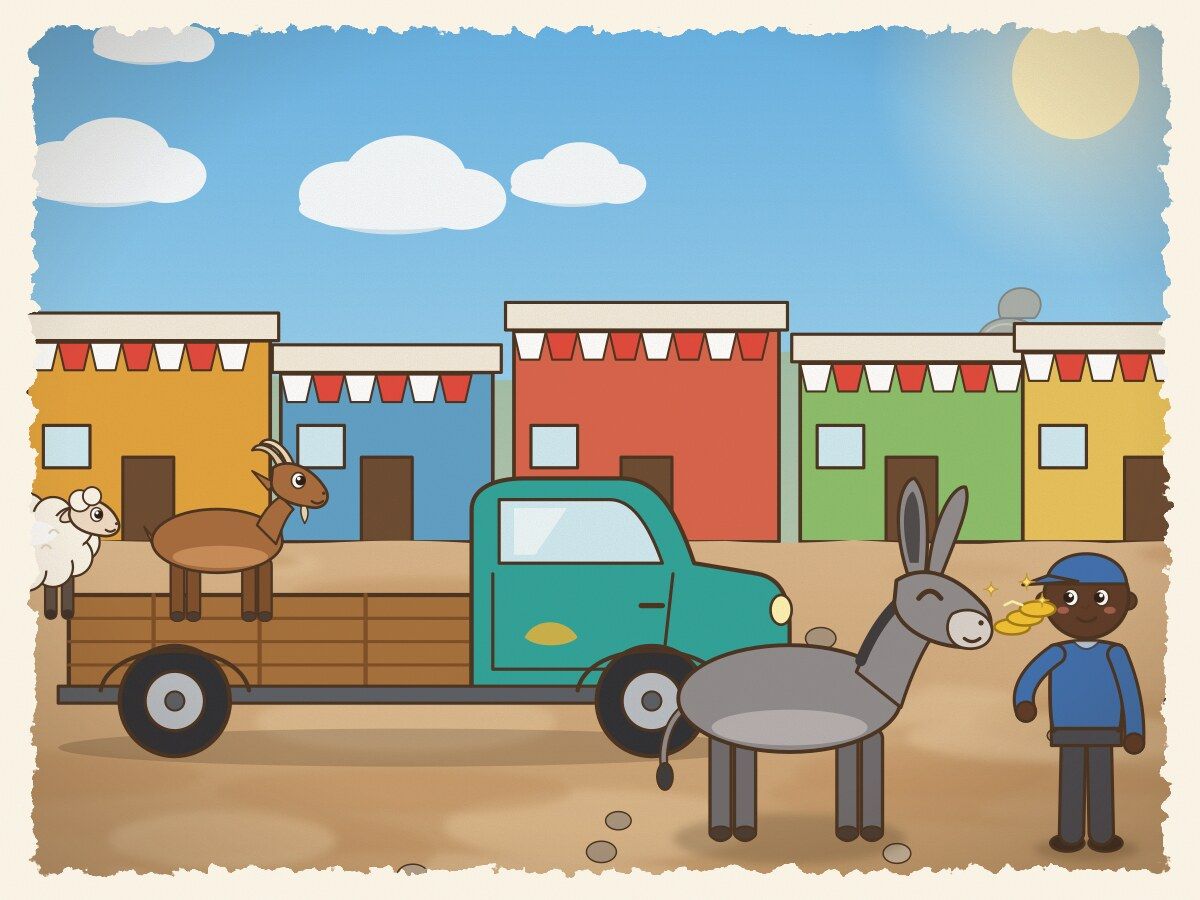 Scene 2: Upon arriving, the driver said, "Please pay your fares." Donkey calmly paid the exact fair amount owed.