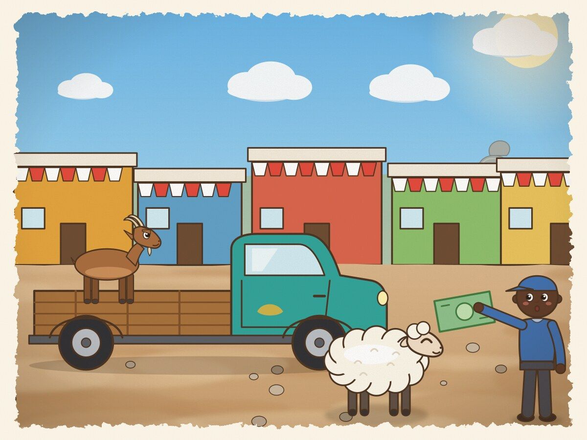 Scene 3: Sheep gave the driver a large banknote that needed change. The driver said, "Hold on while I get your coins."