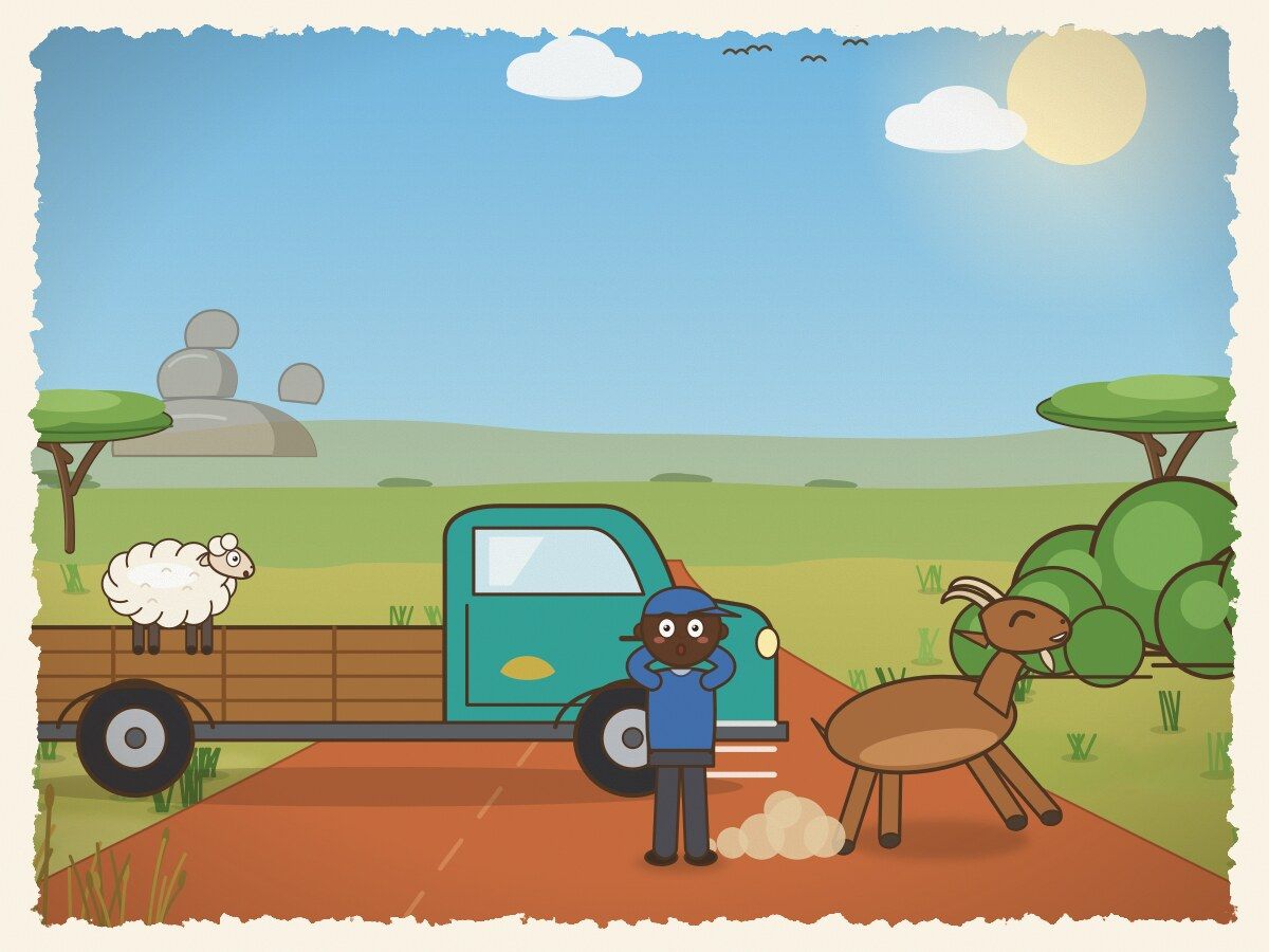 Scene 4: Greedy Goat saw an opportunity, leapt off the back of the car, and sprinted into the bushes without paying a penny!