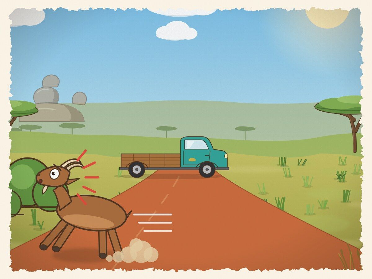 Scene 5: To this very day: whenever a Goat sees a car approaching, she panics and bolts, fearing the driver wants the unpaid fare!
