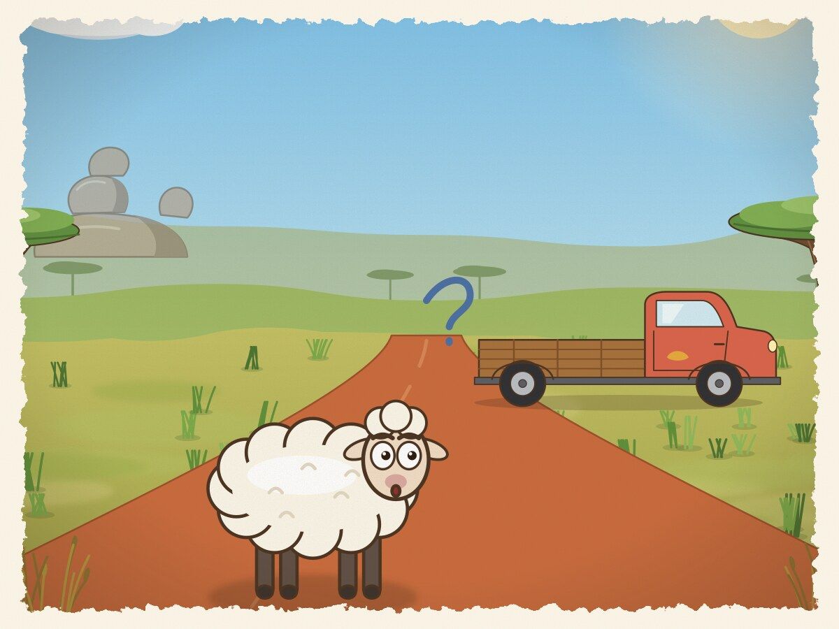 Scene 6: The Sheep stands motionless in the middle of the road staring at oncoming cars, wondering if the driver has finally brought back her change.