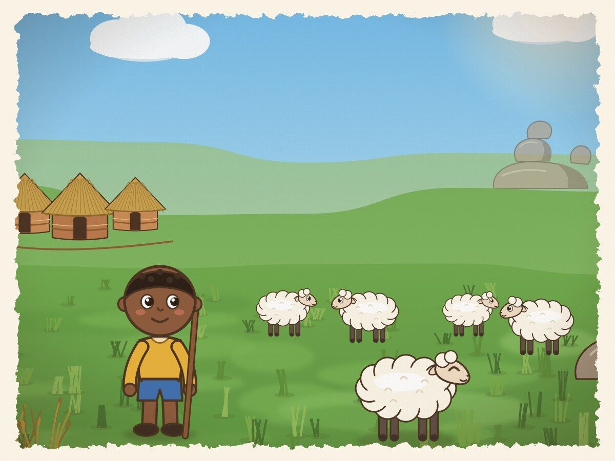 Scene 1: A long time ago, a young boy named Tendai watched over the village sheep upon the green rolling slopes.
