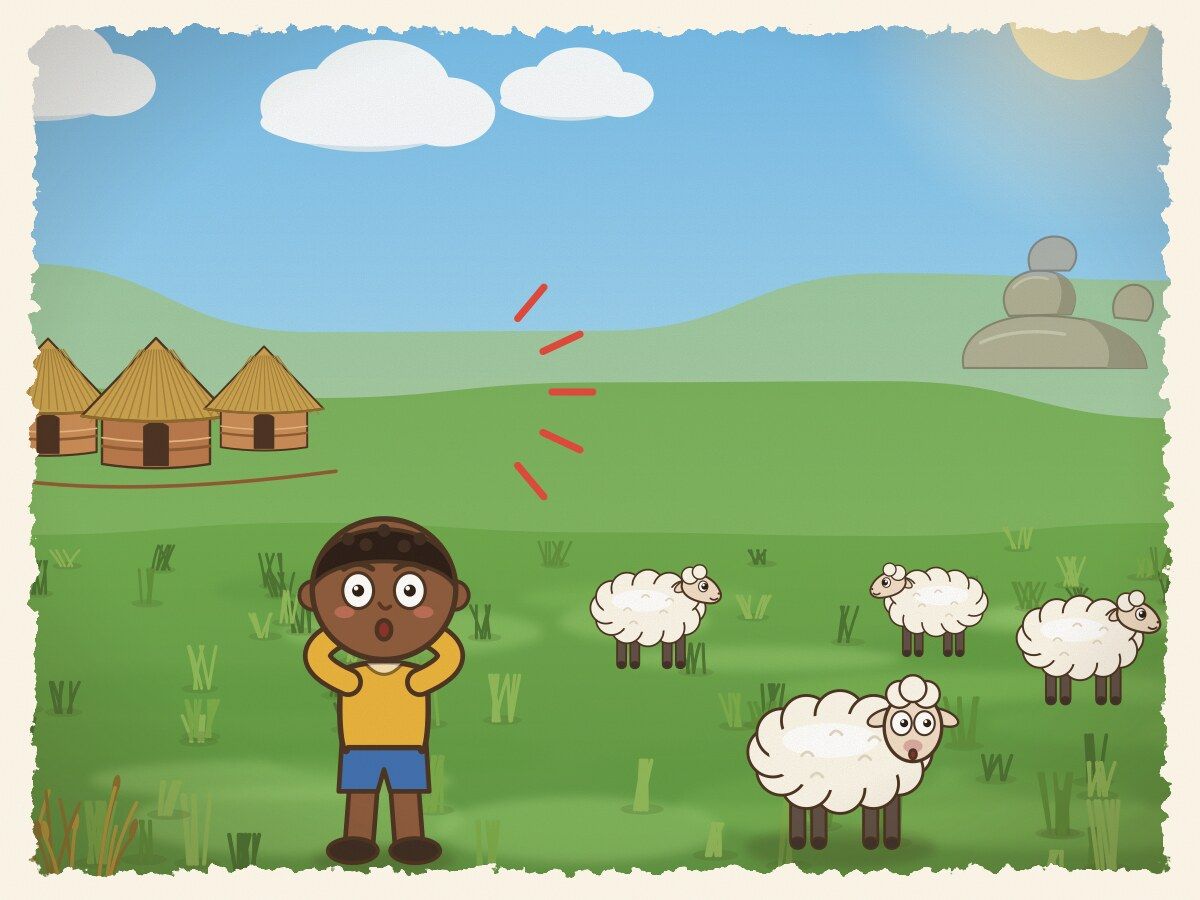 Scene 2: Feeling lonely and bored, he thought of a mischievous prank. He shouted at the top of his voice, "Wolf! Wolf is eating the sheep!"