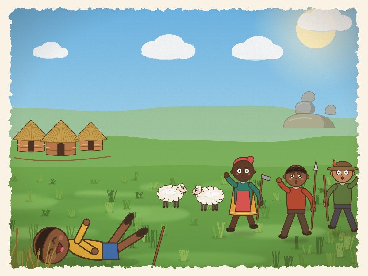Scene 3: The villagers dropped their farm tools and rushed up the hill with sticks and spears, only to find Tendai rolling on the grass laughing.