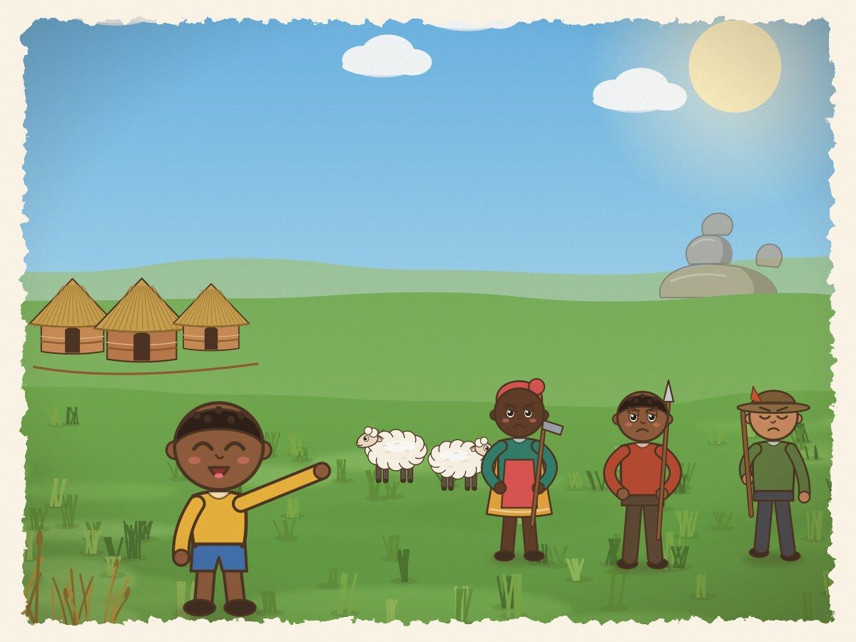 Scene 4: The next day, Tendai cried out the same false alarm. The villagers rushed up again, shaking their heads in frustration at his deceit.