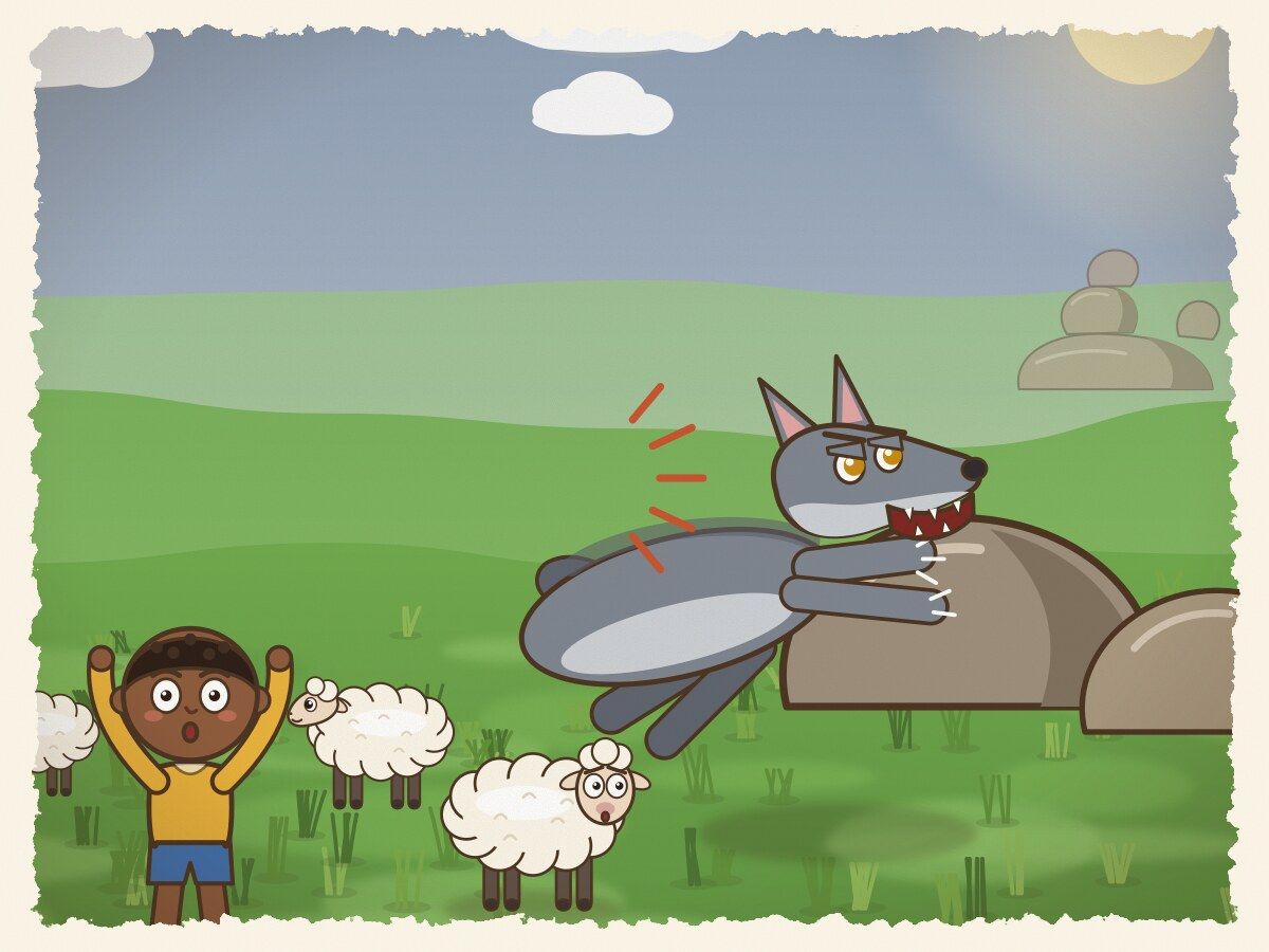 Scene 5: On the third day, a real, terrifying wolf with gleaming amber eyes leapt out from behind the boulders toward the flock!