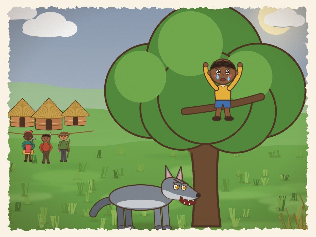 Scene 6: Tendai scrambled up a tree in terror, weeping: "A real wolf! Please save me!" But the villagers said: "He is lying to us once more."