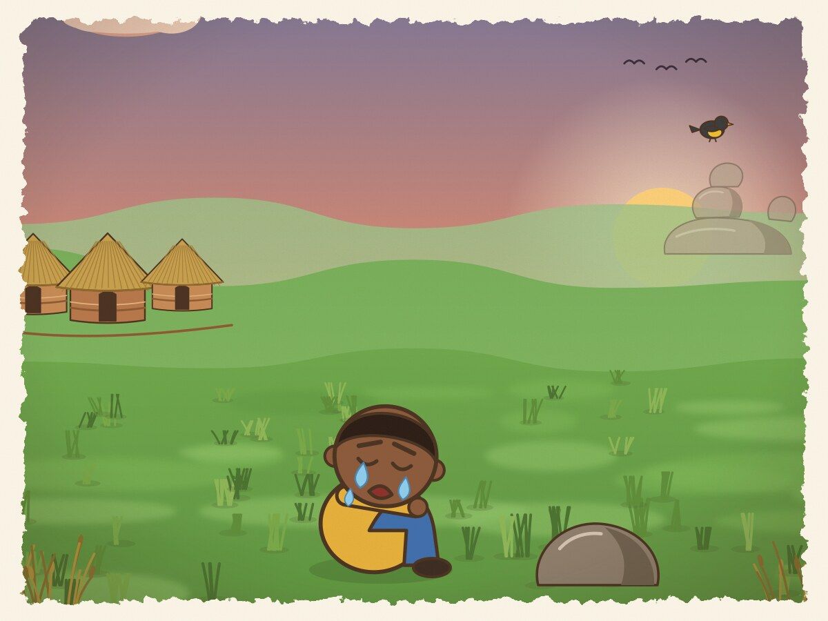 Scene 7: At sunset Tendai sat alone in tears, learning the painful cost of dishonesty. Our lesson: Lying leaves you with no help in true danger.