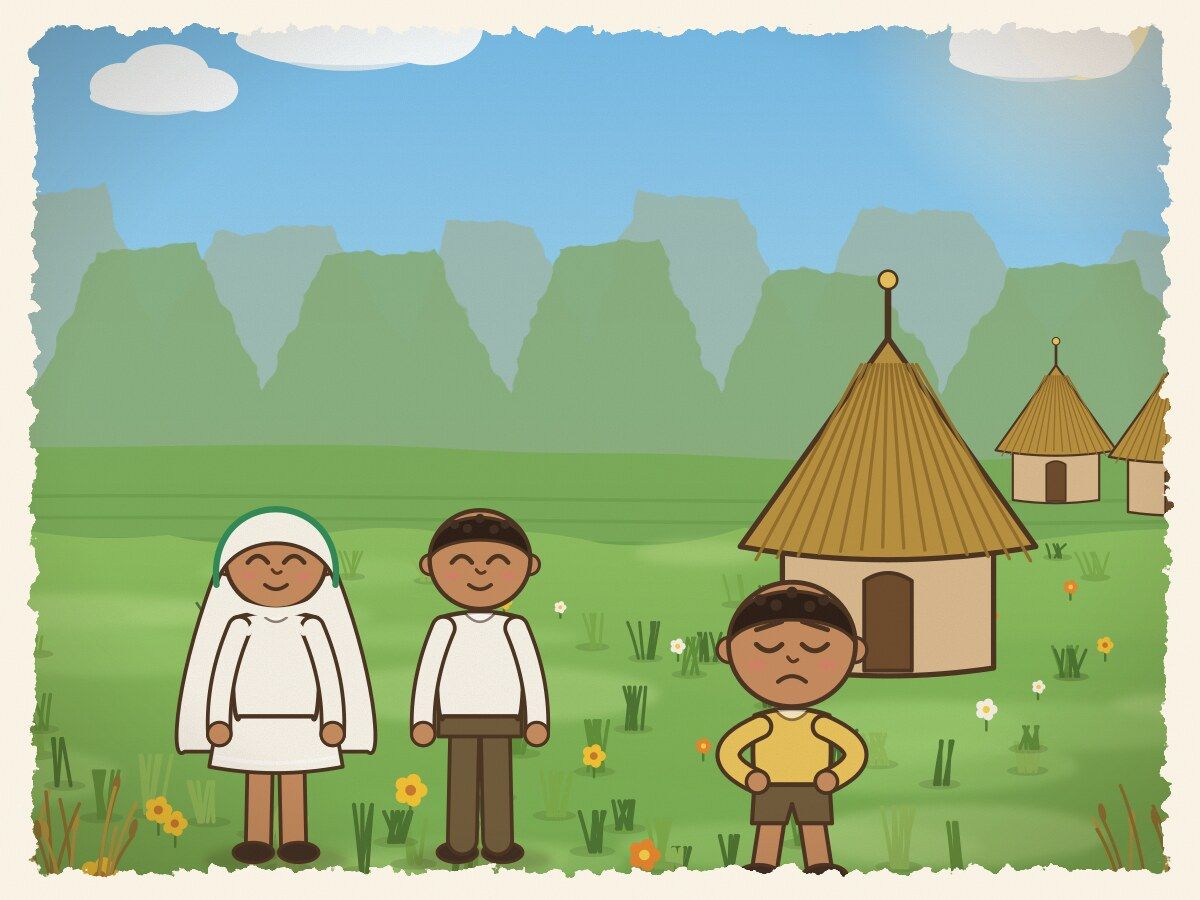 Scene 1: A long, long time ago in Ethiopia, a kind woman named Bizunesh married a man whose little son, Abebe, missed his late mother very much.