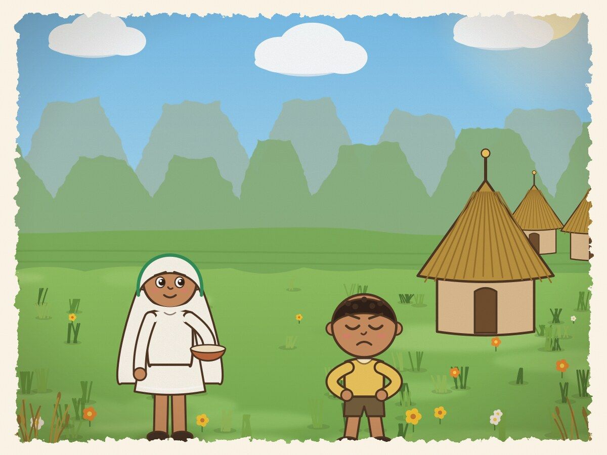 Scene 2: Abebe would not speak to her or eat her food. Feeling sad, Bizunesh went to a wise old healer to ask for a love potion.