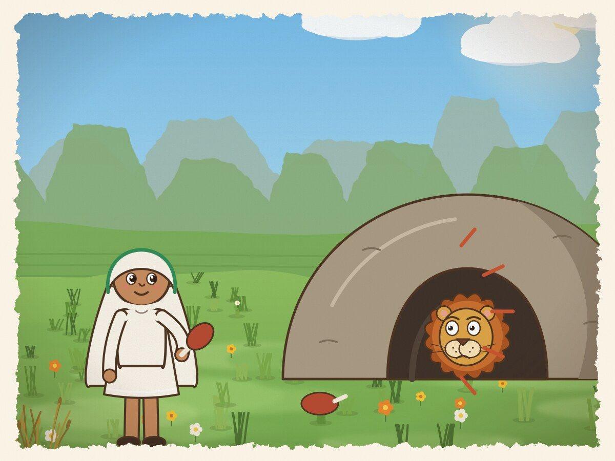 Scene 4: Each day Bizunesh carried meat to the lion's cave, leaving it a little closer each time. Little by little, the lion stopped roaring.