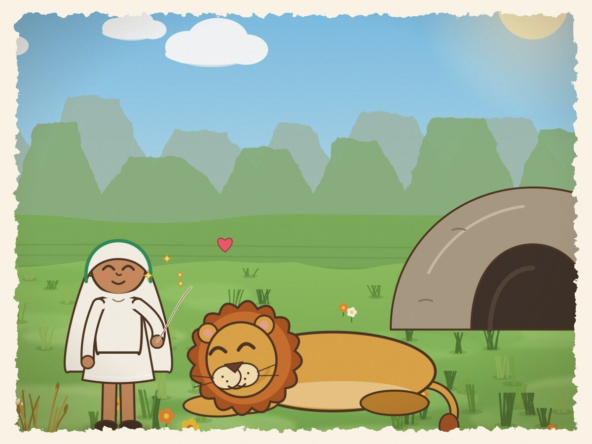 Scene 5: After many weeks, the lion rested its head beside her as it ate. Very gently, she plucked out a single whisker.