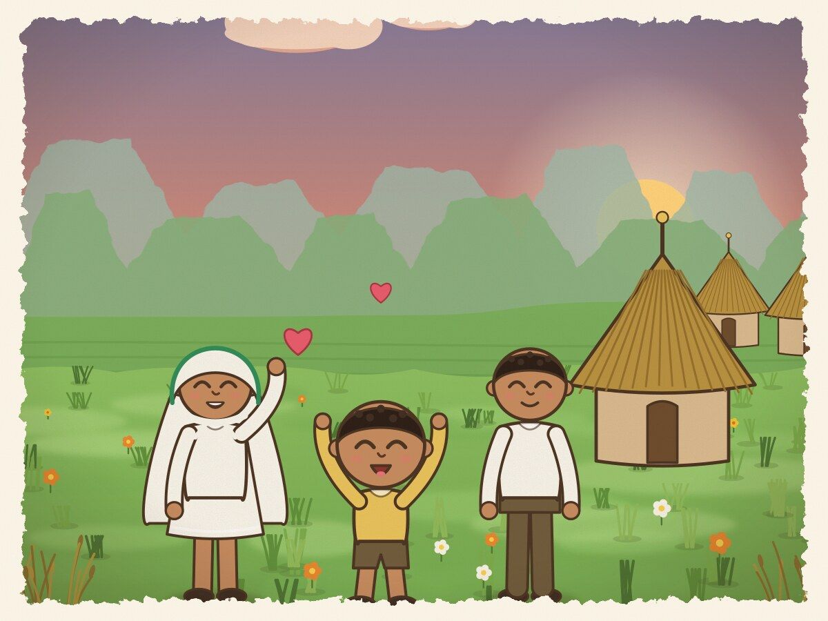Scene 7: Bizunesh was patient and kind every day, and in time Abebe took her hand and called her Mother. That is where our storyteller rests.