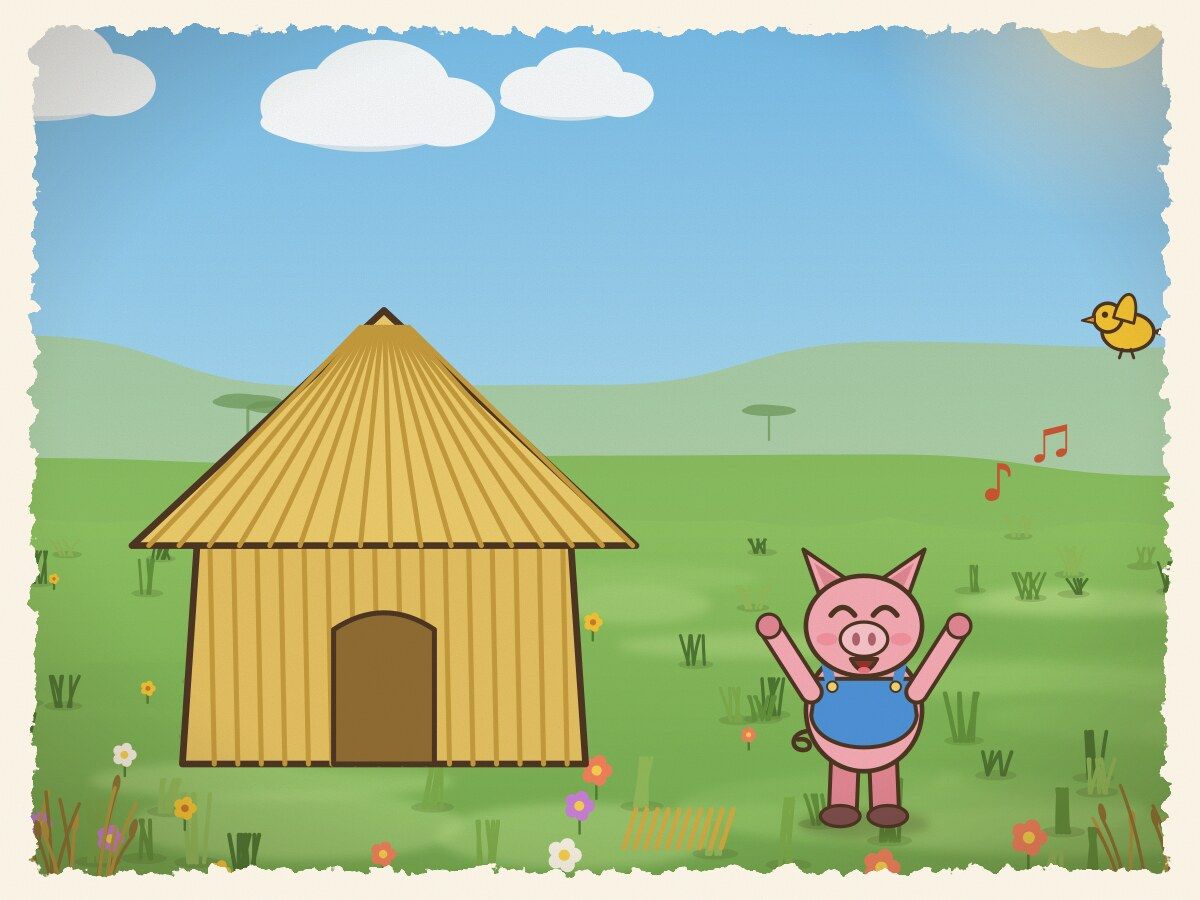 Scene 2: The first little pig was rather lazy; he hastily built a house of straw so he could run off to play.
