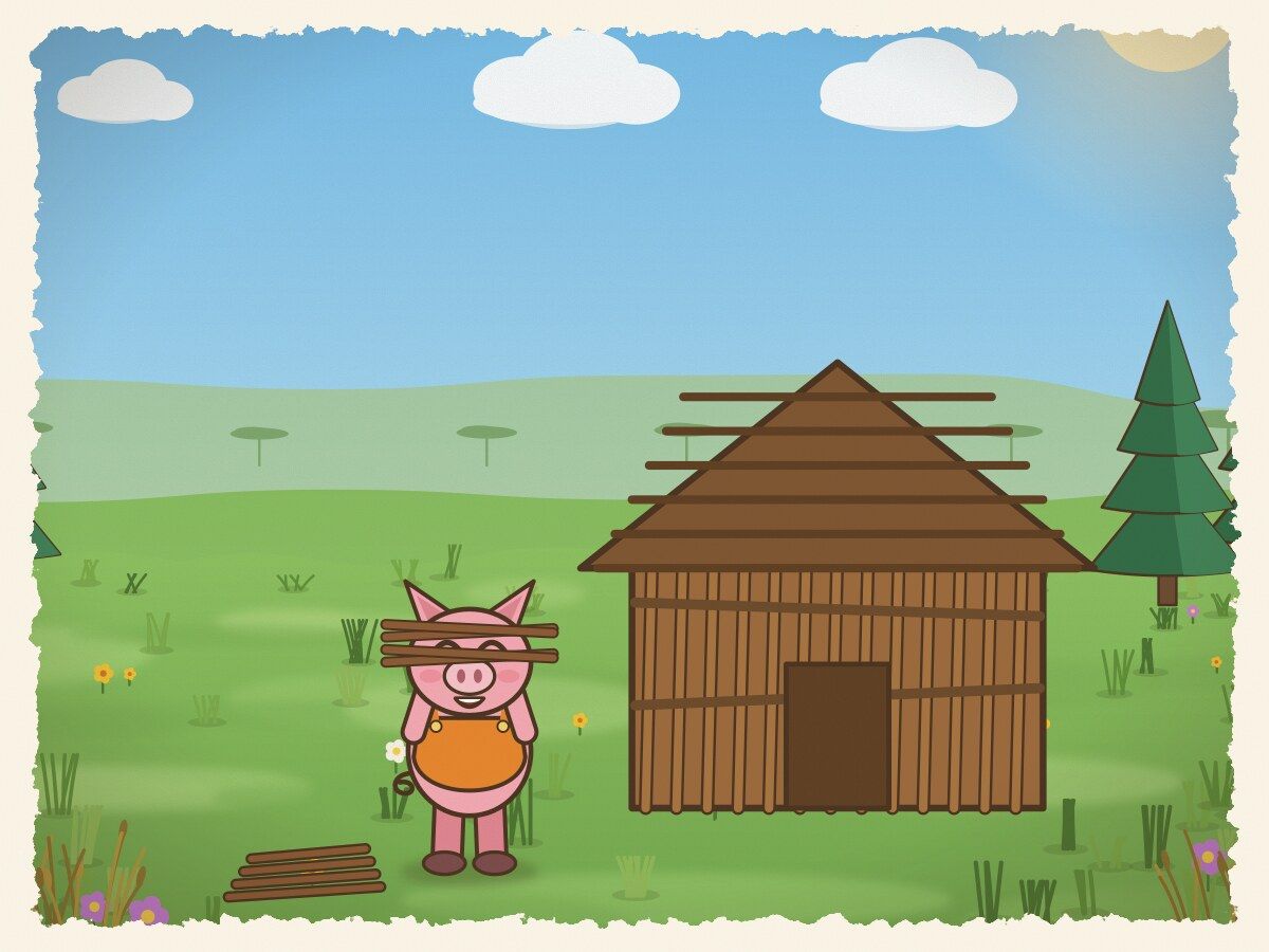 Scene 3: The second little pig quickly gathered sticks and twigs to build his hut, eager to join the fun.