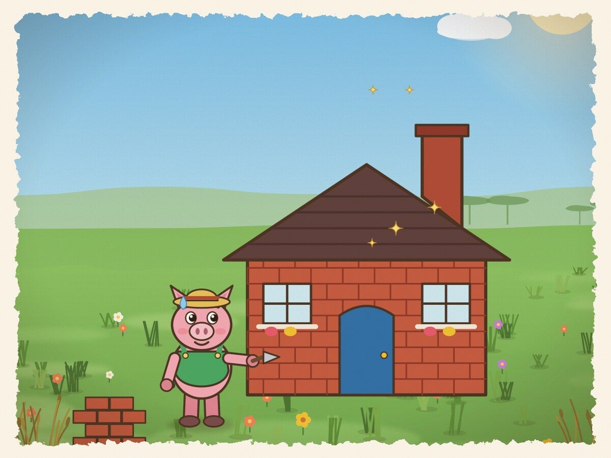 Scene 4: The third little pig worked diligently all day, laying solid bricks to build a strong and sturdy cottage.