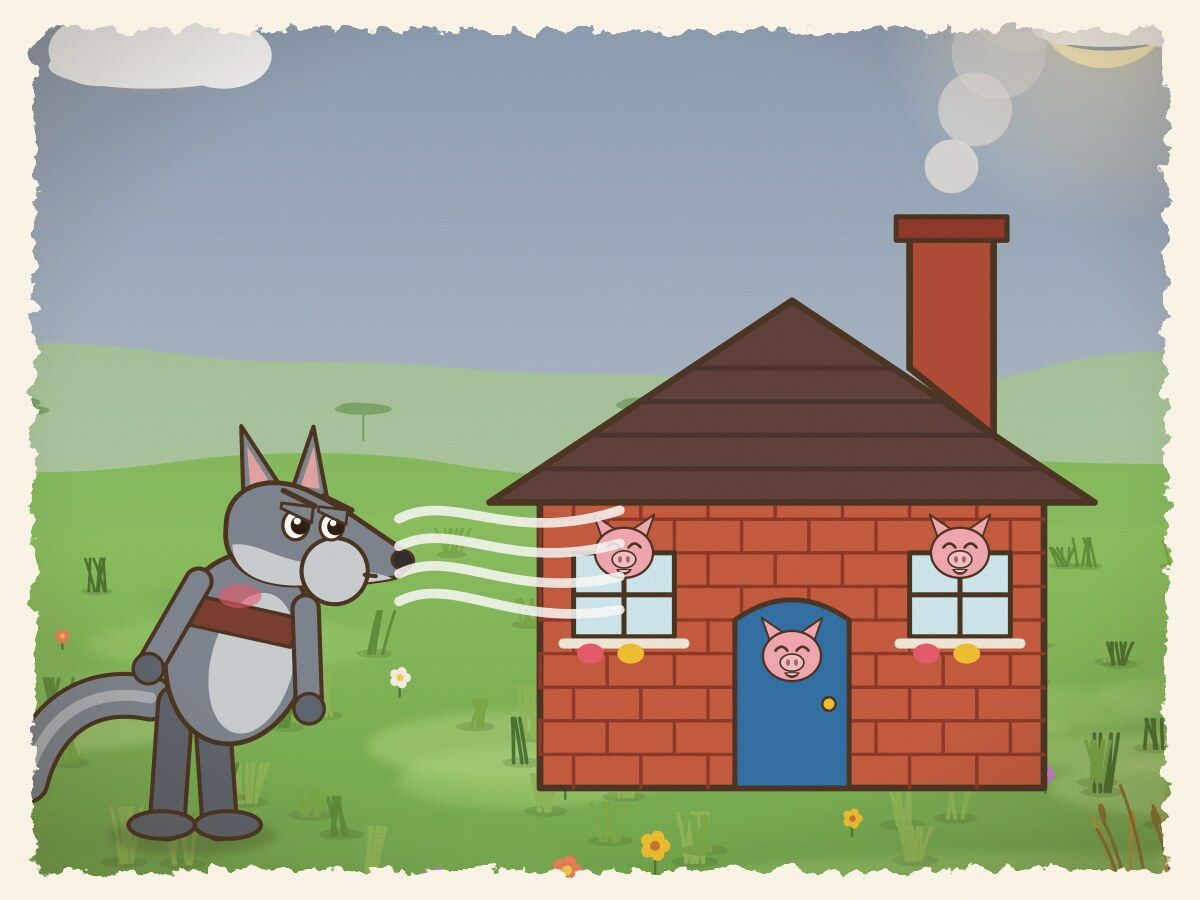 Scene 6: The little pigs scrambled into the brick house. The wolf puffed and blew with all his might, but the brick house stood firm!
