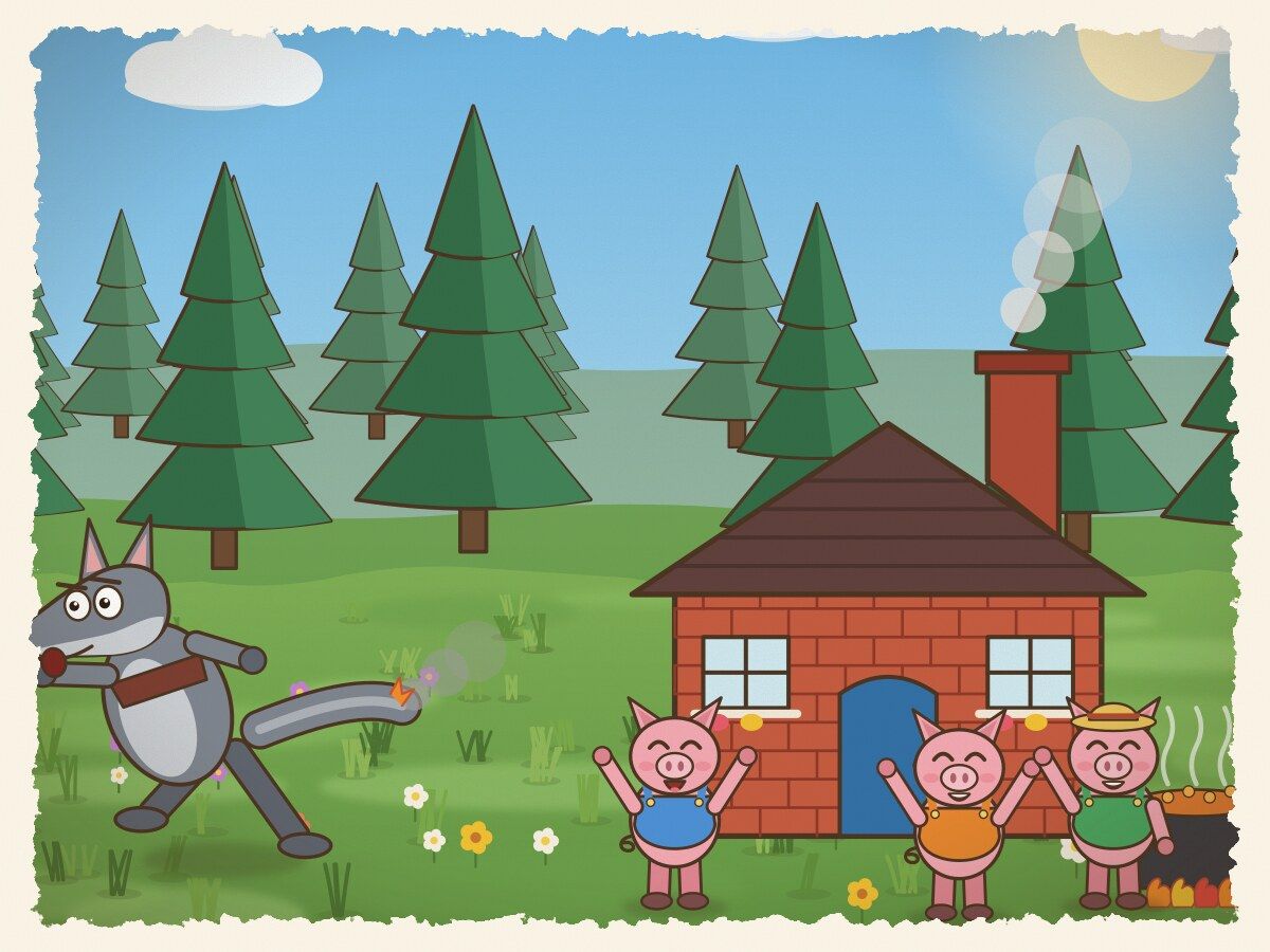 Scene 7: The wolf tried sliding down the chimney, scorched his tail in boiling soup, and bolted into the deep forest! That is where our storyteller rests.