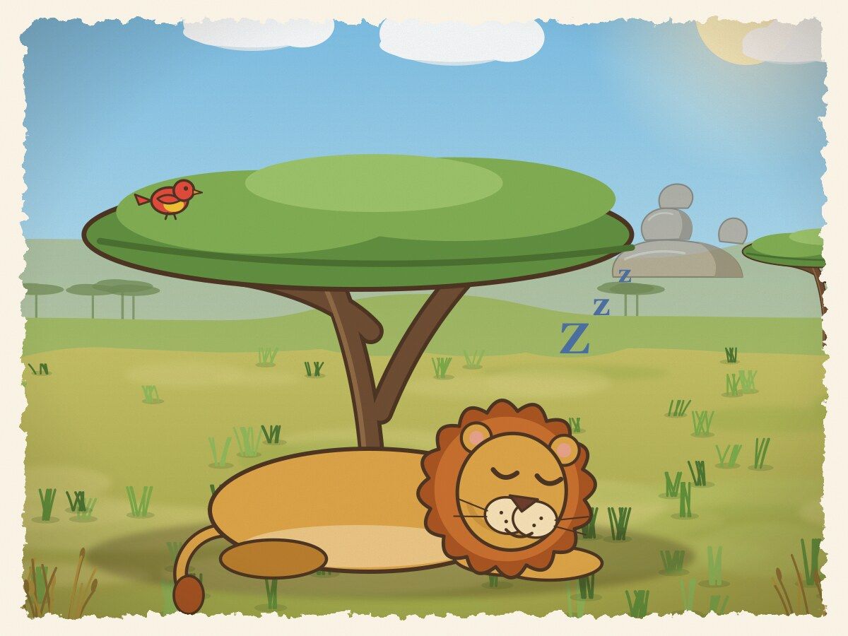 Scene 1: A long time ago, a mighty lion with a golden mane was slumbering peacefully in the warm shade of an acacia tree.