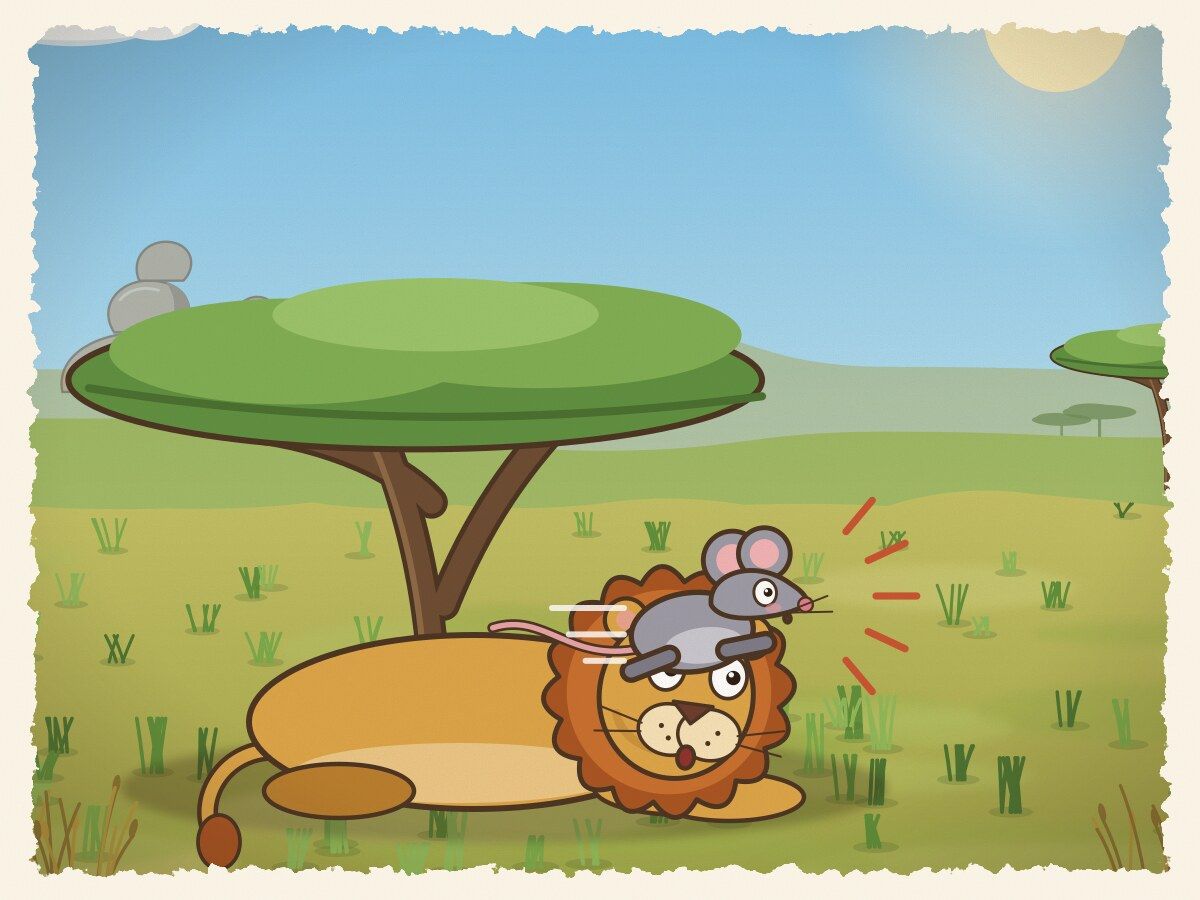 Scene 2: A tiny mouse scurrying through the savannah grass accidentally scampered right across the lion's nose, waking the jungle king!