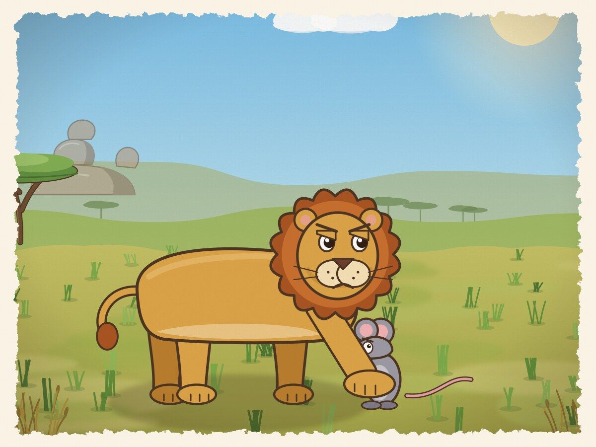 Scene 3: The lion pinned the mouse under his giant paw! The little mouse pleaded: "Forgive me, O King! One day I promise to help you too!"