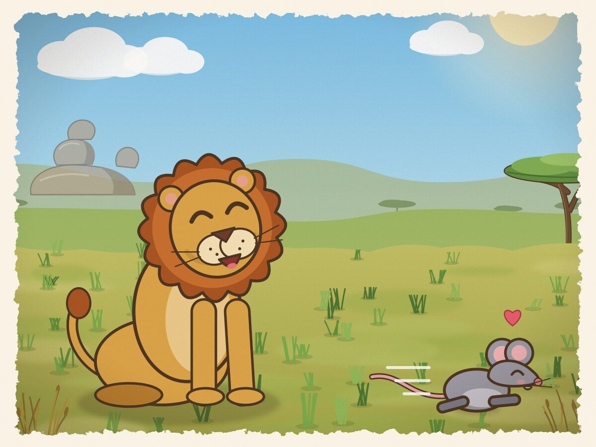 Scene 4: The lion chuckled heartily: "How could a creature as tiny as you ever help a king?" Yet feeling kind, he let the little mouse go free.