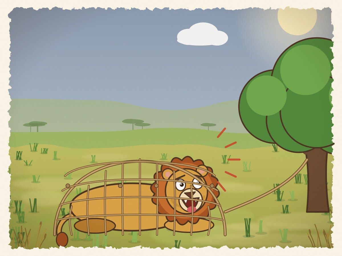 Scene 5: A few days later, hunters laid thick rope nets in the bush. The lion became trapped tight and roared in deep distress across the plains!