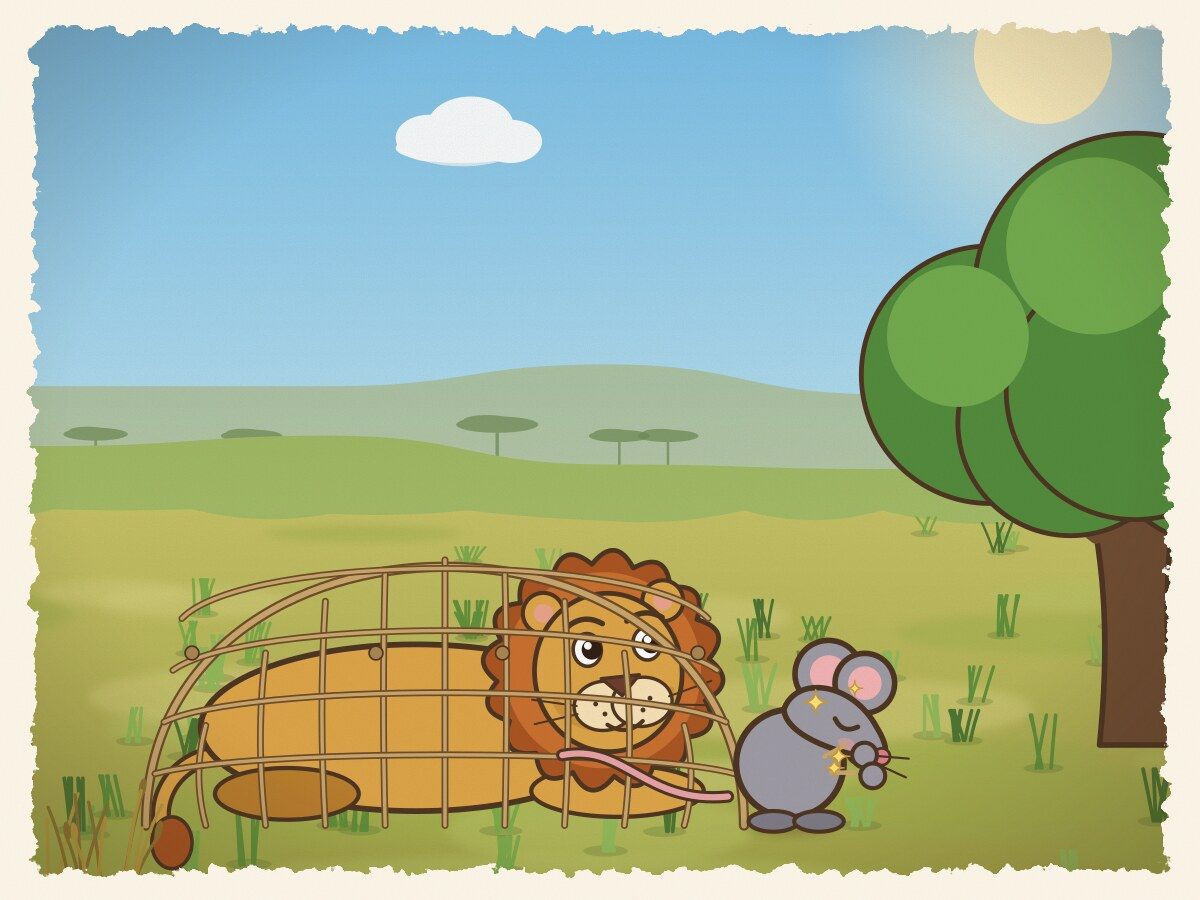 Scene 6: The tiny mouse recognized the roar of her friend and sprinted over. With her sharp little teeth, she gnawed through the heavy ropes!