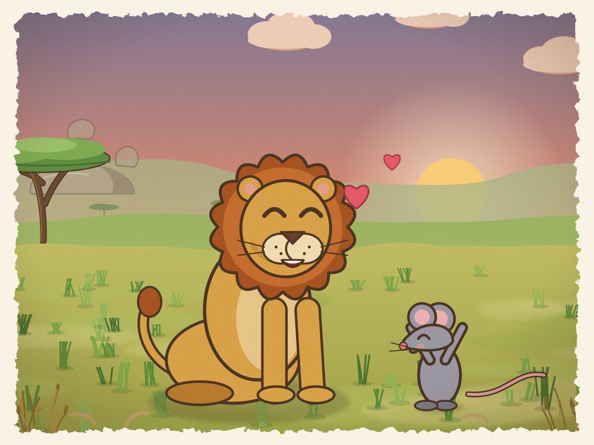 Scene 7: The ropes snapped and the great lion was free! From that day forward they remained the closest of friends. That is where our story ends.