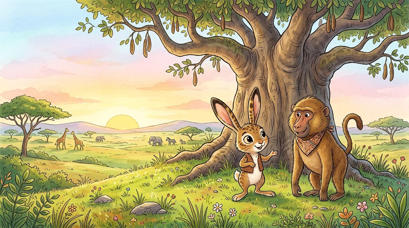 Scene 1: A long, long time ago, Tsuro the Hare and Gudo the Baboon were close friends in the forests of Zimbabwe.