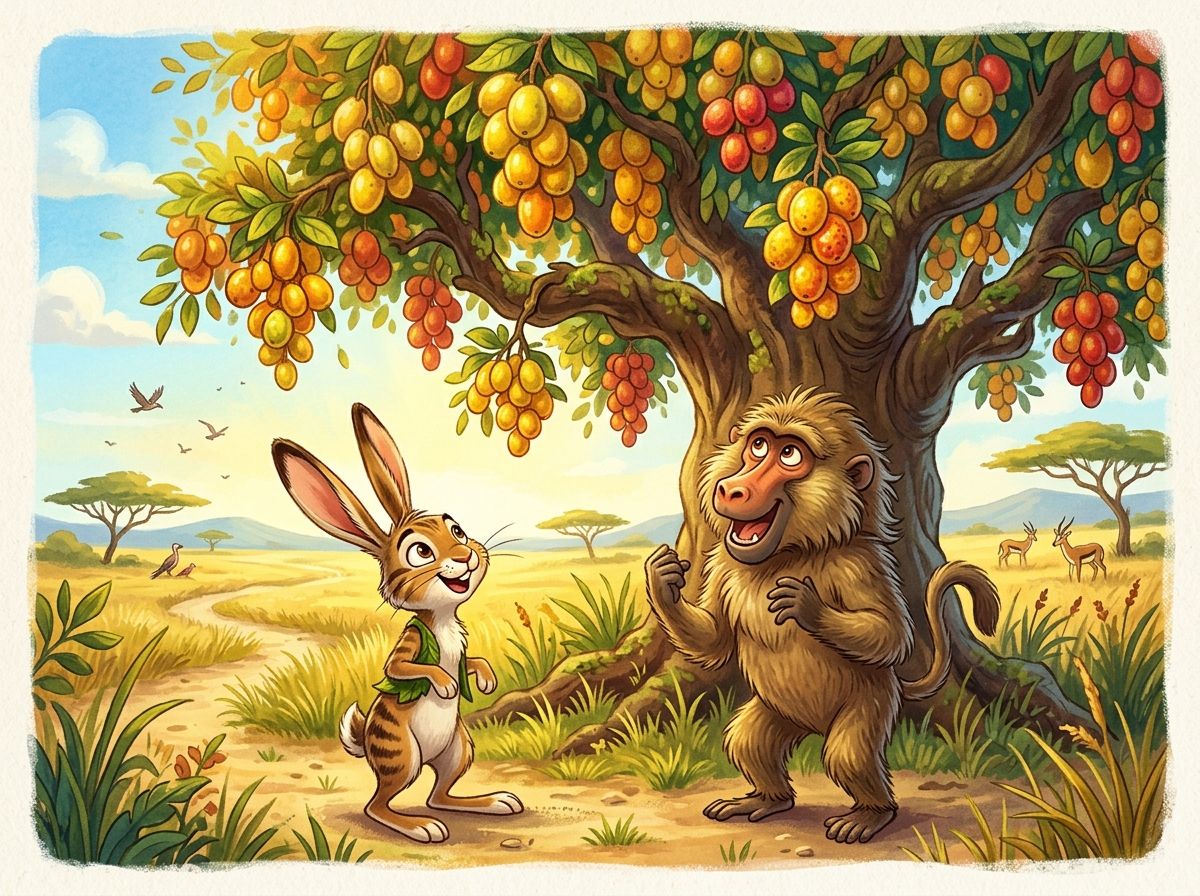 Scene 2: One bright day, they found a very tall tree filled with sweet, ripe wild fruits.