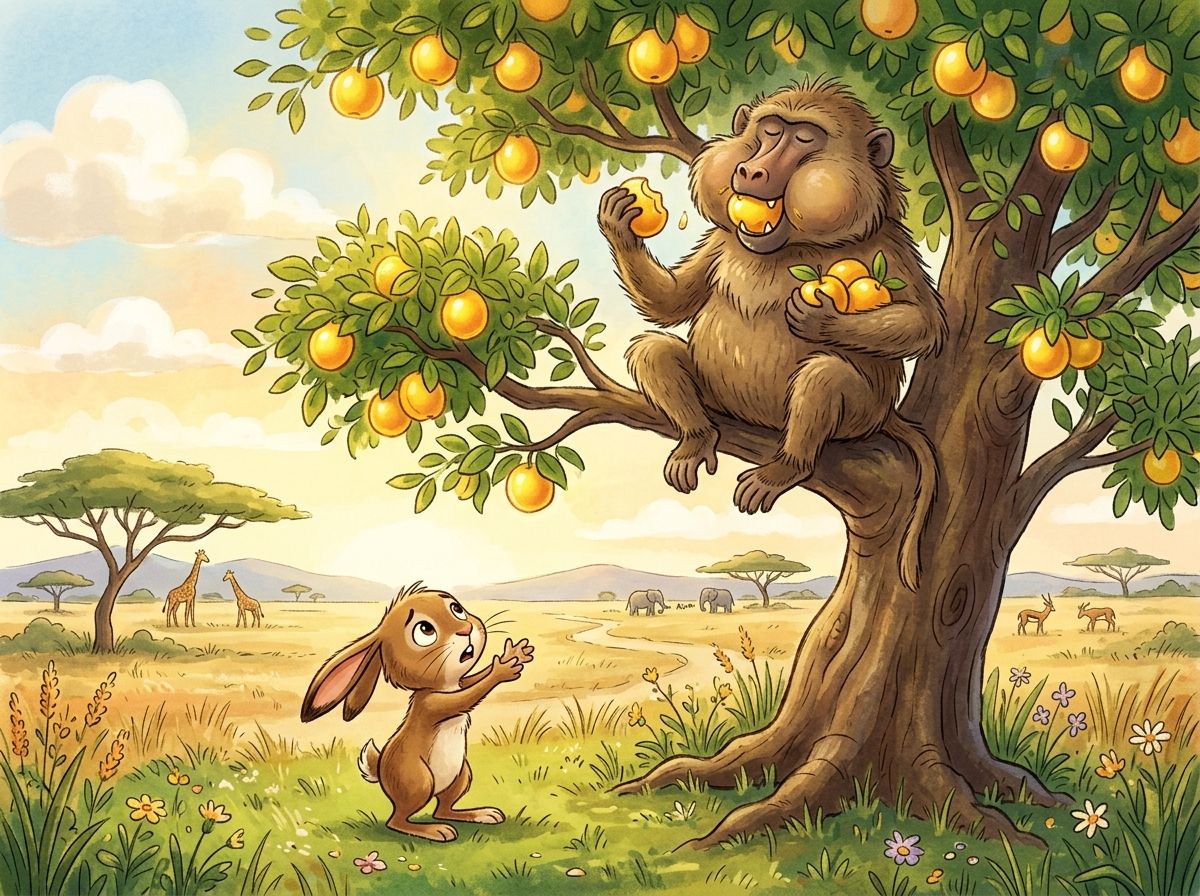 Scene 3: Gudo quickly scrambled up the tree. He began gorging himself, refusing to drop even a single fruit down for Tsuro!