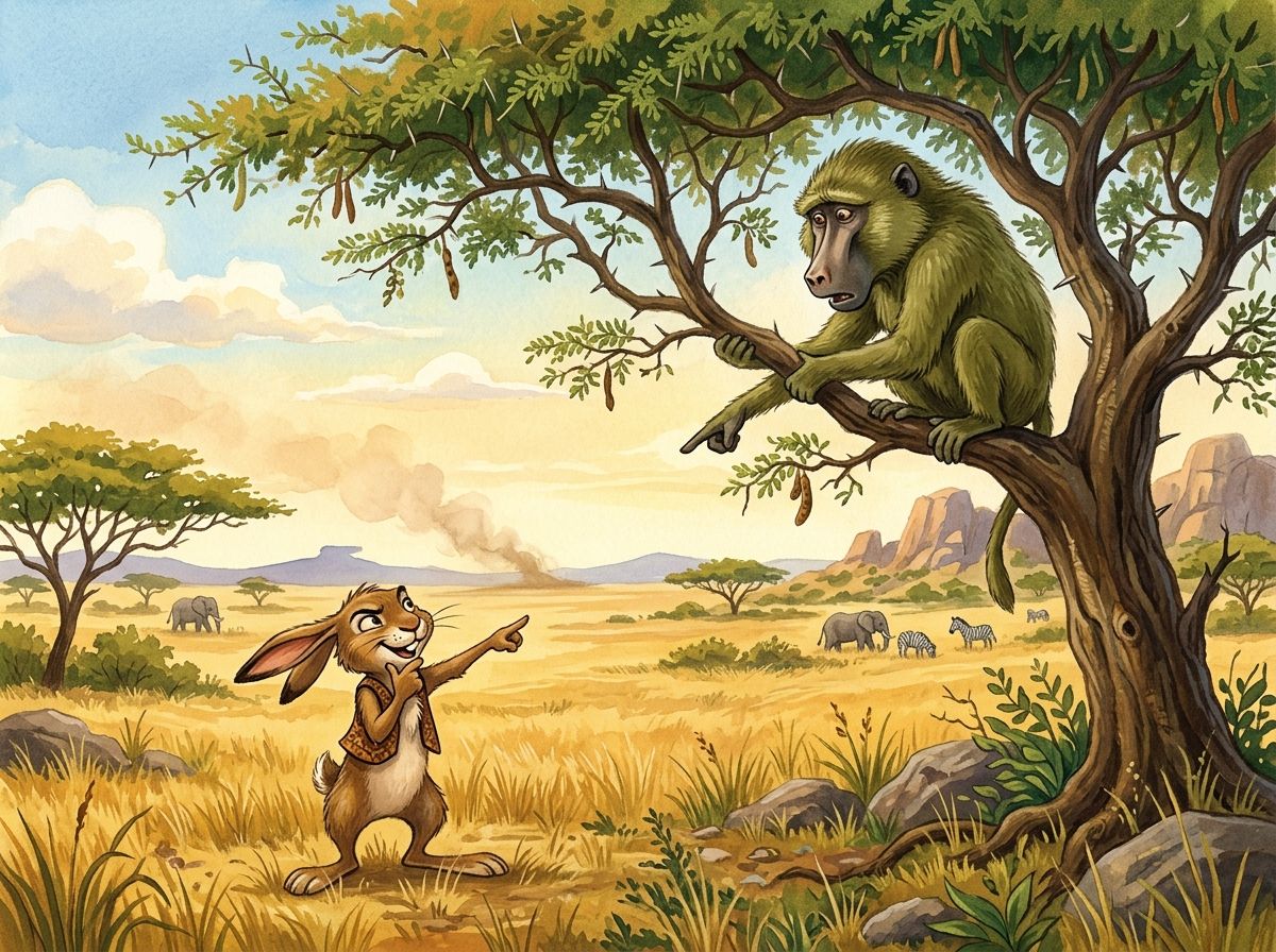 Scene 4: Tsuro was hungry and cross, but he smiled cleverly. He called out, "Hey my friend, do you see that big troop coming over there?"