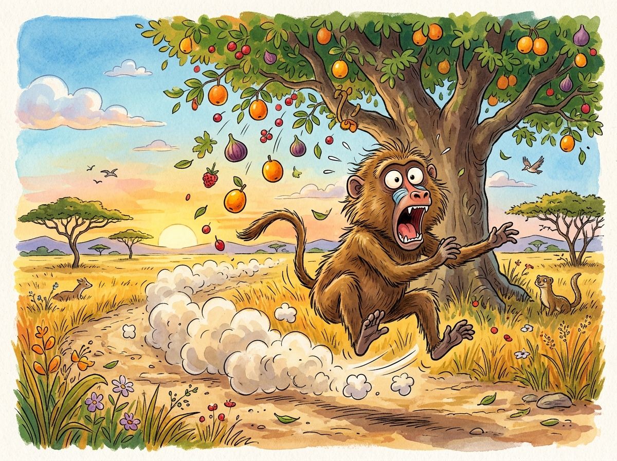 Scene 5: Gudo panicked, dropped everything he was holding, and scampered off through the bush like the wind!